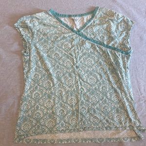 Garnet Hill teal Asian Wrap Organic-Cotton Short-Sleeve Cropped Pajamas, size m.